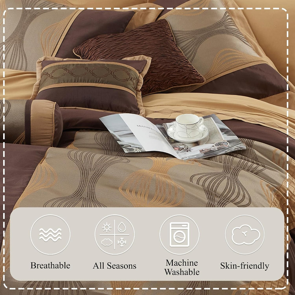 Stratford Park Elegant Brown Comforter Set King 7 Piece Bed in a Bag, Striped, Jacquard Bedding Set All Season, Matching Decorative Pillows, Pillow Sham