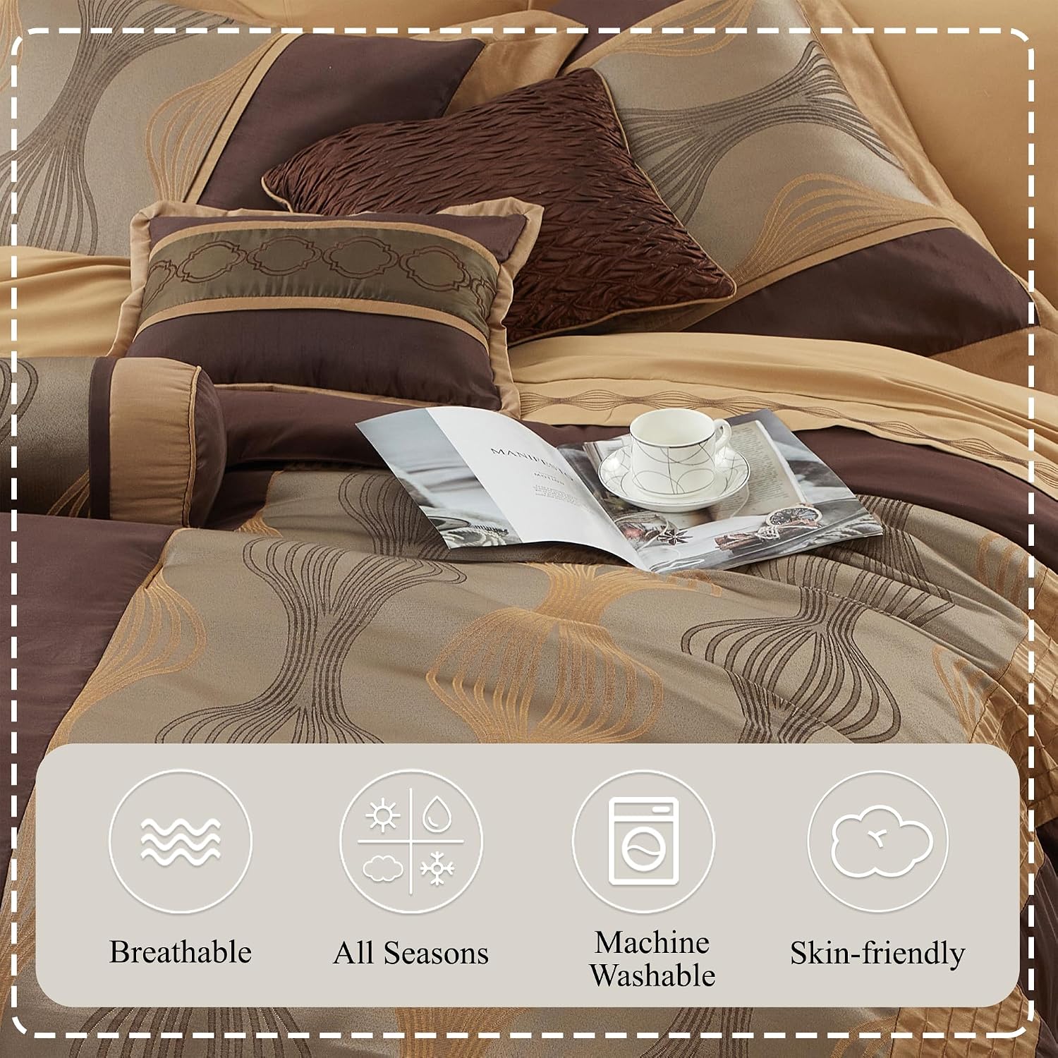Stratford Park Elegant Brown Comforter Set King 7 Piece Bed in a Bag, Striped, Jacquard Bedding Set All Season, Matching Decorative Pillows, Pillow Sham