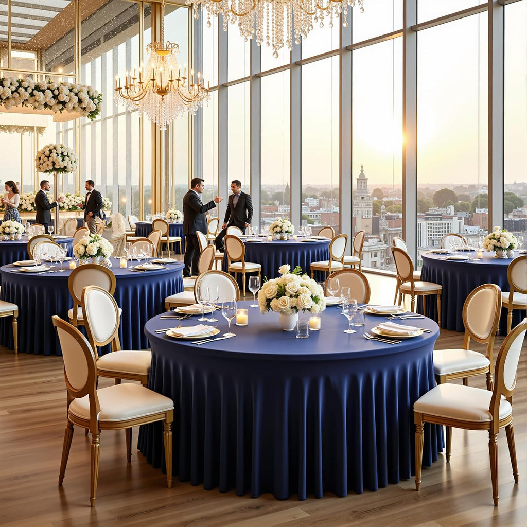 6 pk Navy Blue Round Spandex Tablecloths 60 in with Ruffled Skirt,Wrinkle Free High-Stretch 120 inch Table Cloth Round Fitted 5ft Tables,Spandex Table Covers 5ft for Forest Party Wedding Banquet