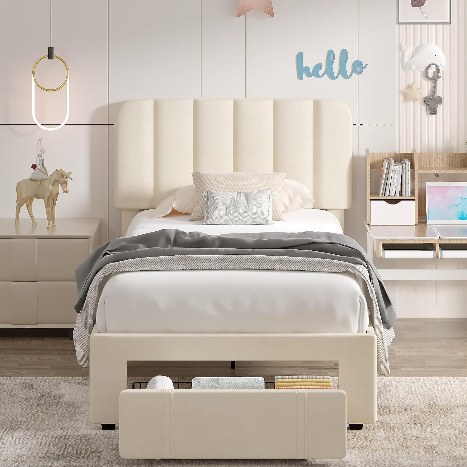 VECELO Twin Size Upholstered Bed Frame with Drawer and Headboard, Velvet Platform Storage Bedframe, Wooden Slats Support, No Box Spring Needed,Bone Beige