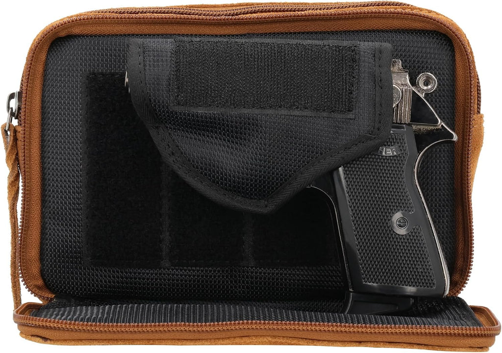 Lady Conceal Kailey Concealed Self Defence Waist Bag by Lady Conceal - Buffalo or Suede Cowhide Leather, 3 Open Sides and Locking Zippers with Universal Holster (Chestnut) - 8' L x 5.5' H x 2.25'