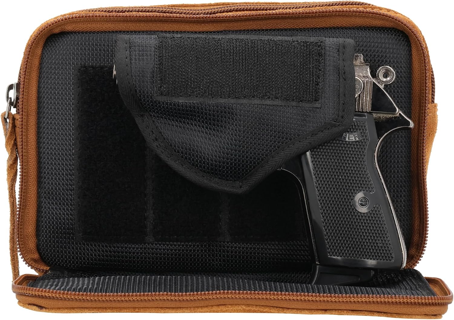 Lady Conceal Kailey Concealed Self Defence Waist Bag by Lady Conceal - Buffalo or Suede Cowhide Leather, 3 Open Sides and Locking Zippers with Universal Holster (Chestnut) - 8' L x 5.5' H x 2.25'