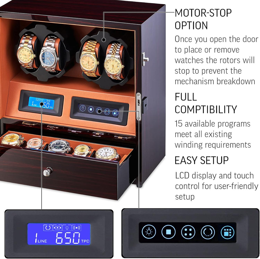 4 Watch Winder with 5 Watch Storage Space, LCD Display, Touch Control and Interior Light