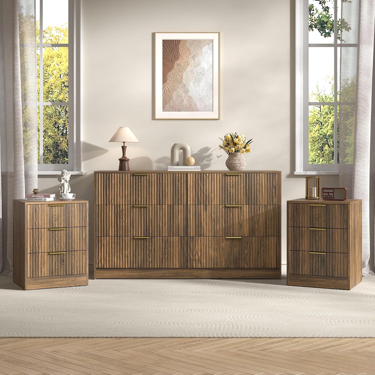 3-Piece Modern Bedroom Furniture Set, Wide 6-Drawer Dresser & 3-Drawer Nightstands Set of 2, Natural Wood Dresser and Nightstand Sets for Bedroom, Hallway, Walnut