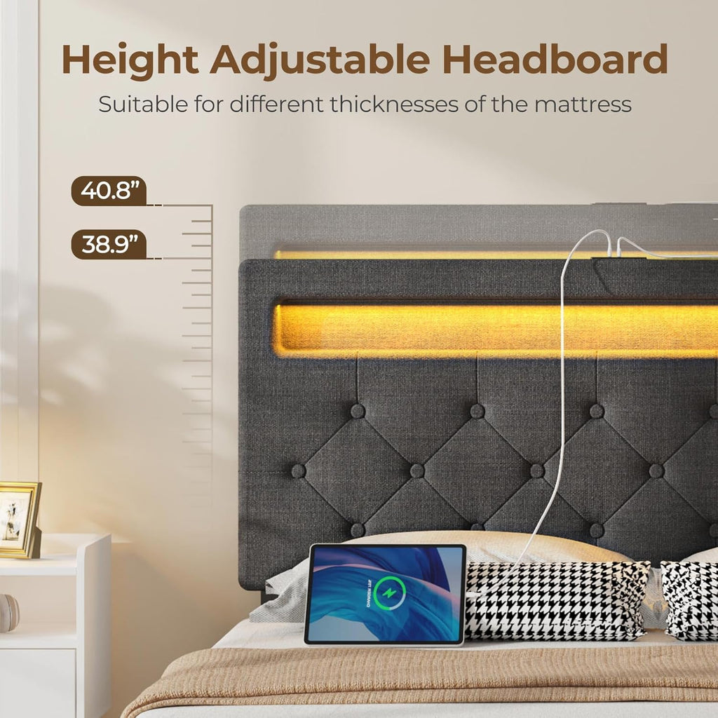 Rolanstar Queen Bed Frame with 4 Storage Drawers and Charging Station, Queen Bed with Led Lights, 2 USB & 1 Type C, Adjustable Headboard 38.9/40.9 Inches, No Box Spring Needed, Grey