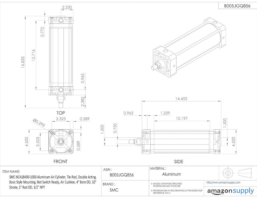 SMC NCA1B150-1200 Aluminum Air Cylinder, Tie-Rod, Double Acting, Basic Style Mounting, Not Switch Ready, Air Cushion, 1.5' Bore OD, 12' Stroke, 5/8' Rod OD, 3/8' NPT