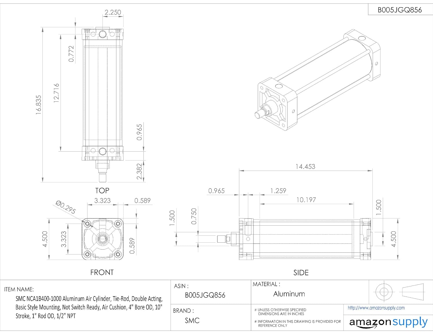 SMC NCA1B150-1200 Aluminum Air Cylinder, Tie-Rod, Double Acting, Basic Style Mounting, Not Switch Ready, Air Cushion, 1.5' Bore OD, 12' Stroke, 5/8' Rod OD, 3/8' NPT