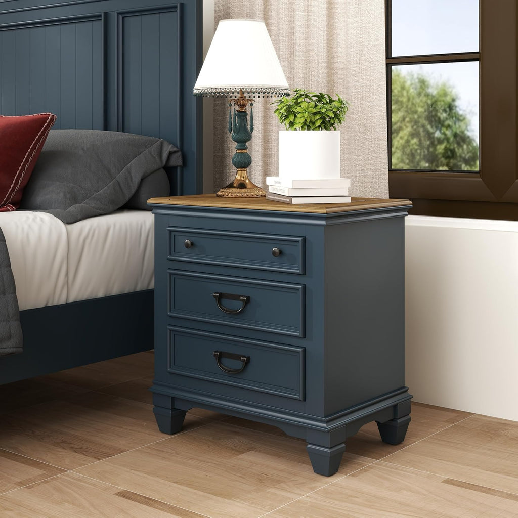 Roundhill Furniture Riverton Wood 3-Piece Bedroom Set, Shiplap Panel Queen Bed with 2 Nightstands in Slate Blue