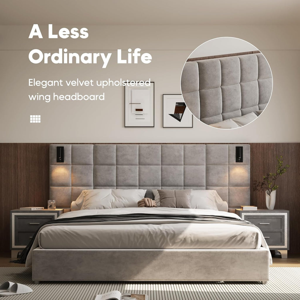 King Platform Bed Frame with 2 Nightstands Set of 1+2, Elegant Velvet Upholstered Bed with Grid Pattern Padded Headboard, 2 LED Wall Sconces & USB Ports, No Box Spring Needed, Pearl Grey