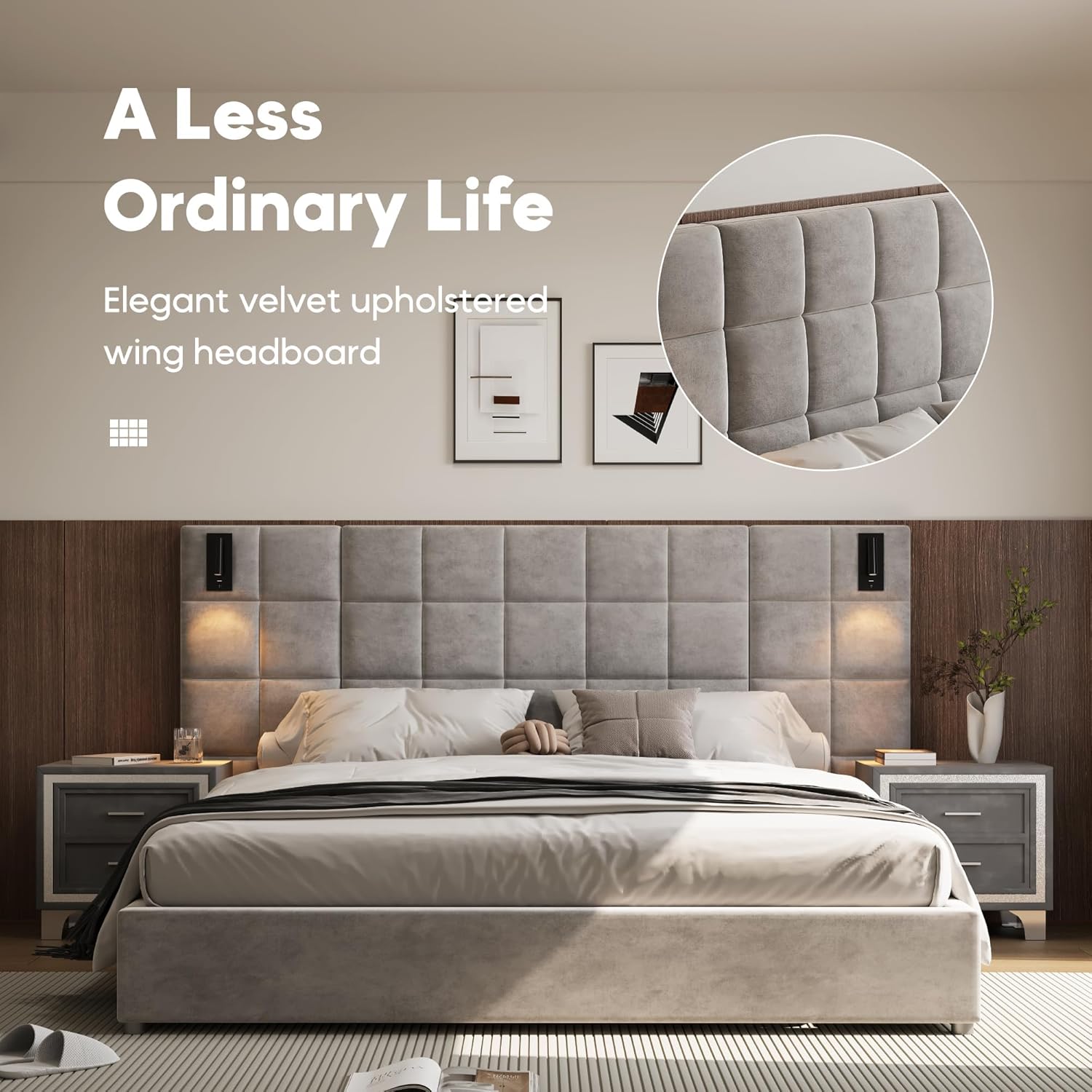 King Platform Bed Frame with 2 Nightstands Set of 1+2, Elegant Velvet Upholstered Bed with Grid Pattern Padded Headboard, 2 LED Wall Sconces & USB Ports, No Box Spring Needed, Pearl Grey