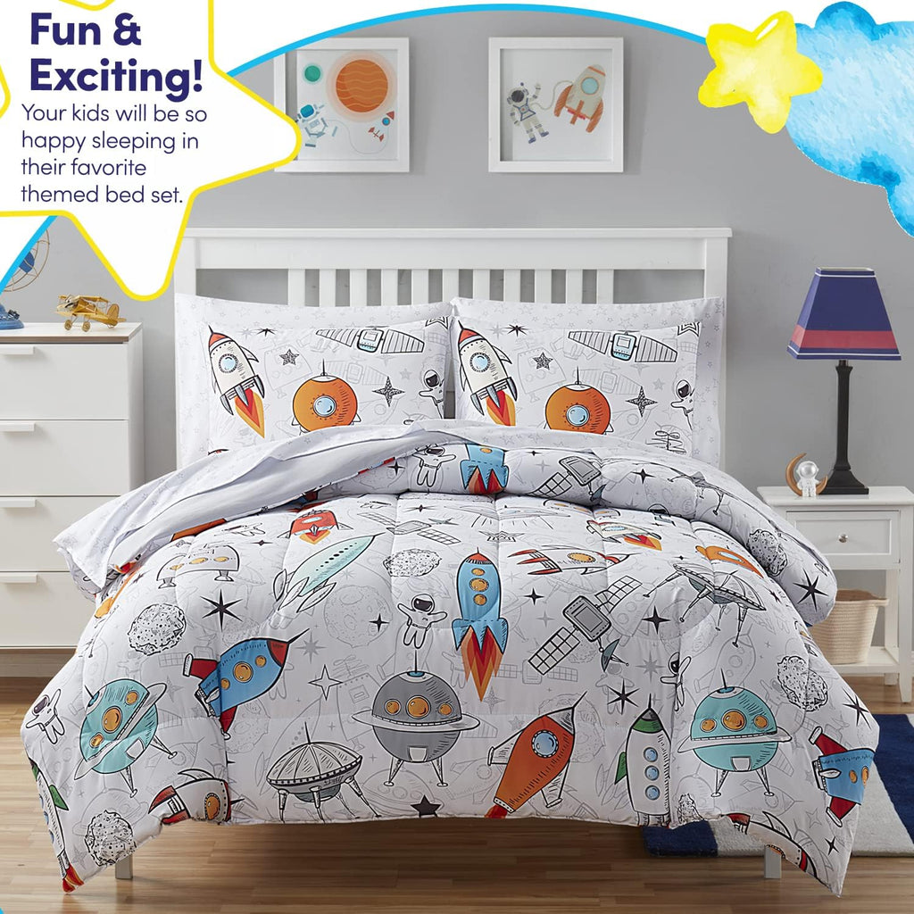 Kids Bedding Set Bed in a Bag for Boys and Girls Toddlers Printed Sheet Set and Comforter, Twin, Floating in Space (Pack of 4)