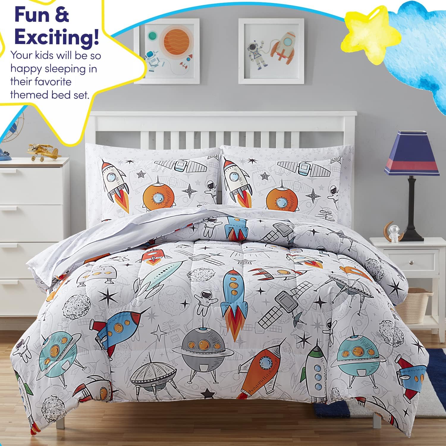 Kids Bedding Set Bed in a Bag for Boys and Girls Toddlers Printed Sheet Set and Comforter, Twin, Floating in Space (Pack of 4)