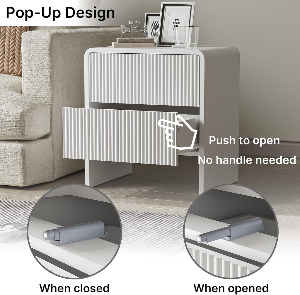 Set of 2 Curved Nightstand with 2 Drawers, Wooden Bedside Table with Push to Open Storage, Modern End Table for Bedroom, White