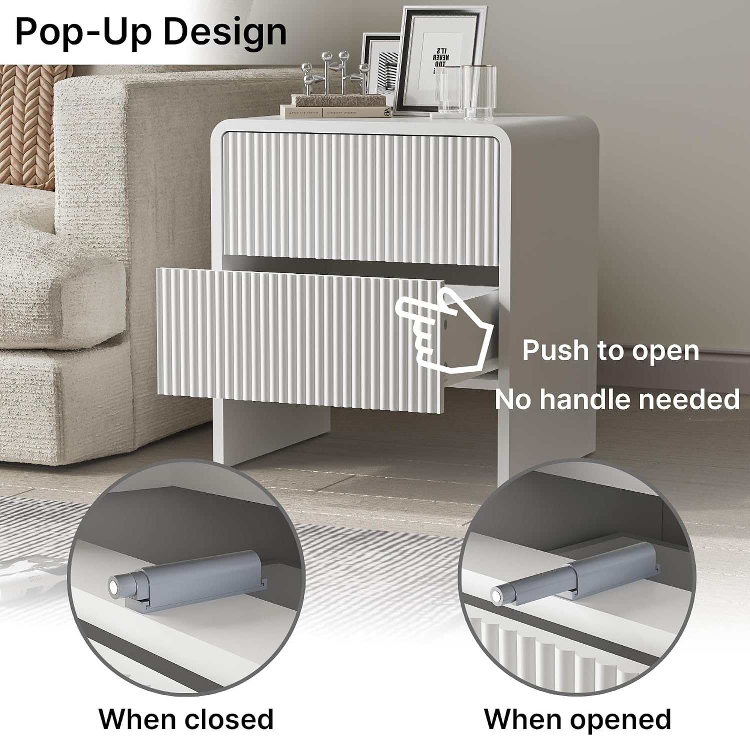Set of 2 Curved Nightstand with 2 Drawers, Wooden Bedside Table with Push to Open Storage, Modern End Table for Bedroom, White