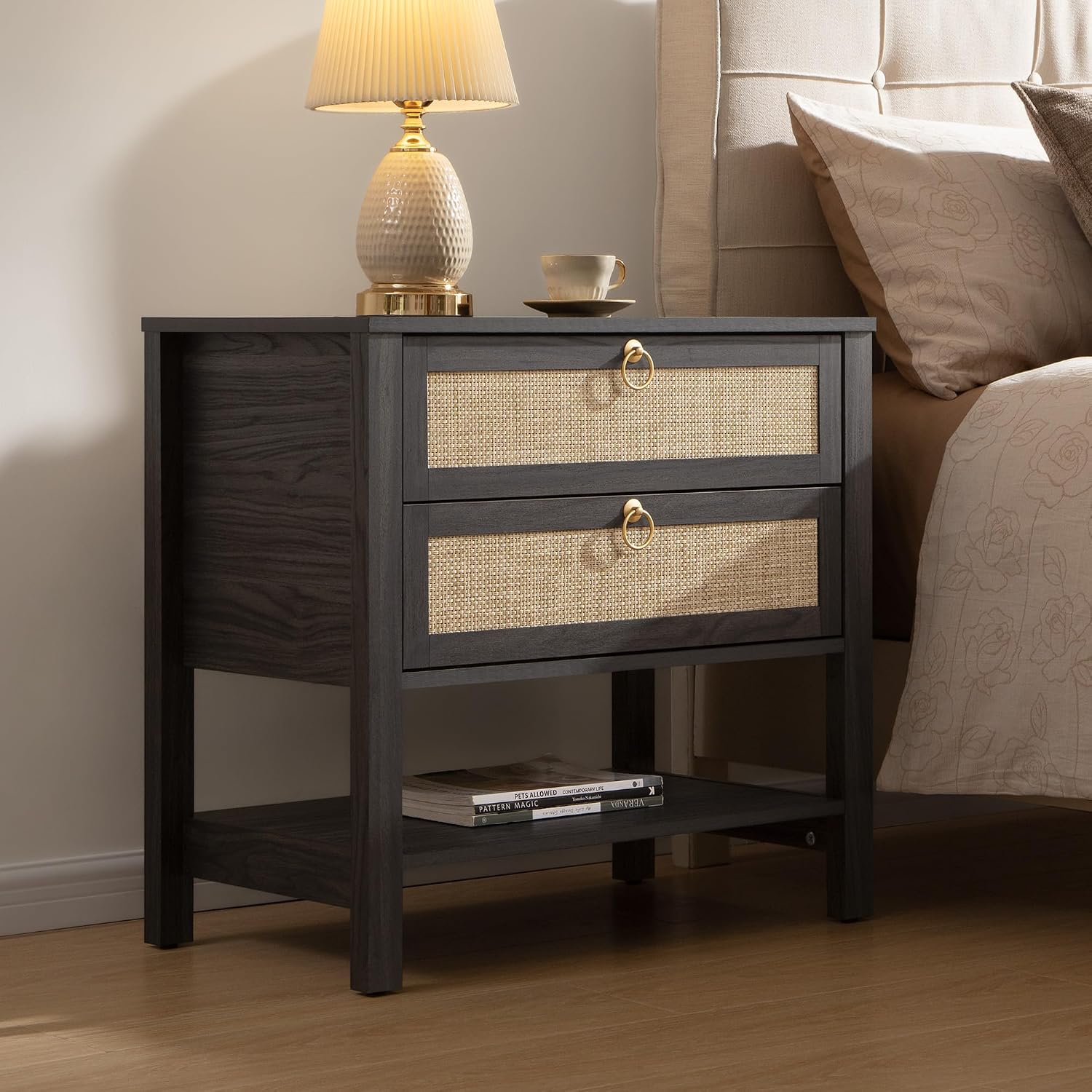 SICOTAS Night Stands Set of 2 for Bedroom, Large Bedside Tables with Drawer & Open Shelf, Wide Boho Rattan Nightstand Set Narrow Side Table for Master Bedroom