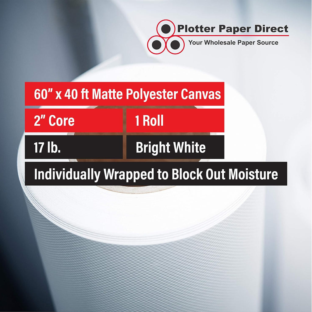 Plotter Paper Direct 60in x 40ft Premium Polyester Matte Canvas Roll, 500 Denier, Quick Dry, Wide Format Inkjet Printer Compatible, Perfect for Fine Art, Photography, Archival Quality Prints