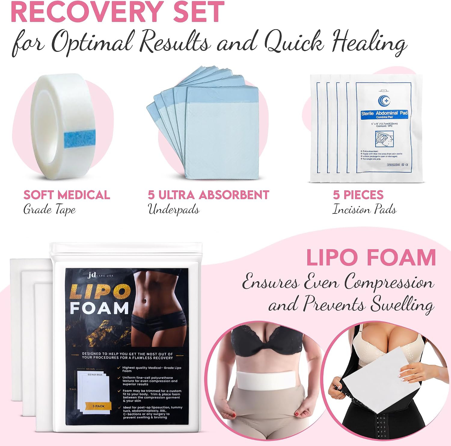 BBL Plus Post Surgery Supplies Kit | 33-Piece After Surgery Recovery Set with Lipo Foam, ABD Pads, BBL Backrest Pillow & More