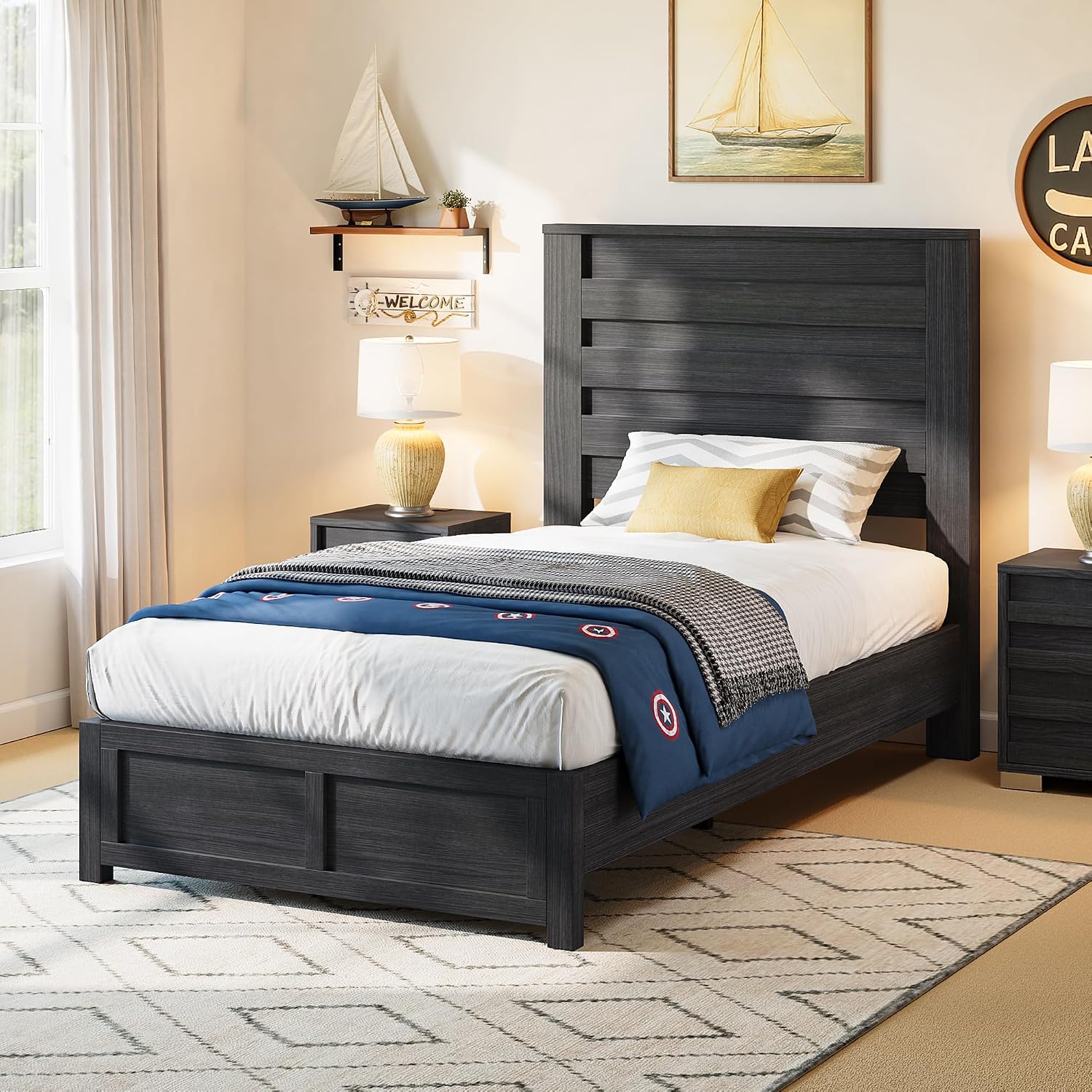 AMERLIFE Farmhouse Twin Bed Frame with 49' Fluted Headboard, Platform Bed with Natural Wood Grain Finish, Noise Free, No Box Spring Needed, Black