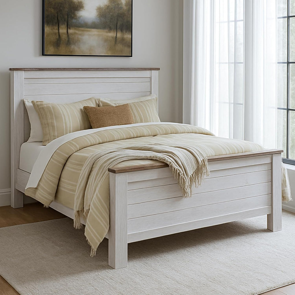 BOWERY HILL Queen Size Panel Bed with Headboard, Footboard in Wood, in White, No Box Spring Needed, Easy Assembly