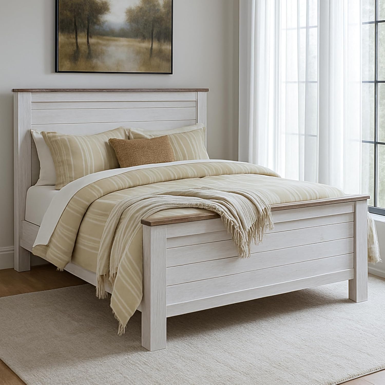 BOWERY HILL Queen Size Panel Bed with Headboard, Footboard in Wood, in White, No Box Spring Needed, Easy Assembly