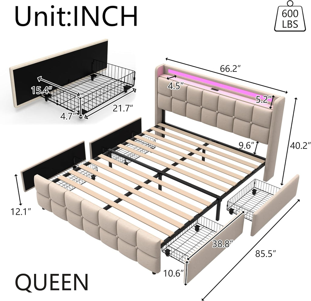 Juego 3 in 1 Queen Bed Frame with RGB LED Light, Socket & USB & Type-C Charging Station,4 Drawers, Wooden Slats, Upholstered Bed, Noise-Free, No Box Spring Needed (Beige, Queen (U.S. Standard))