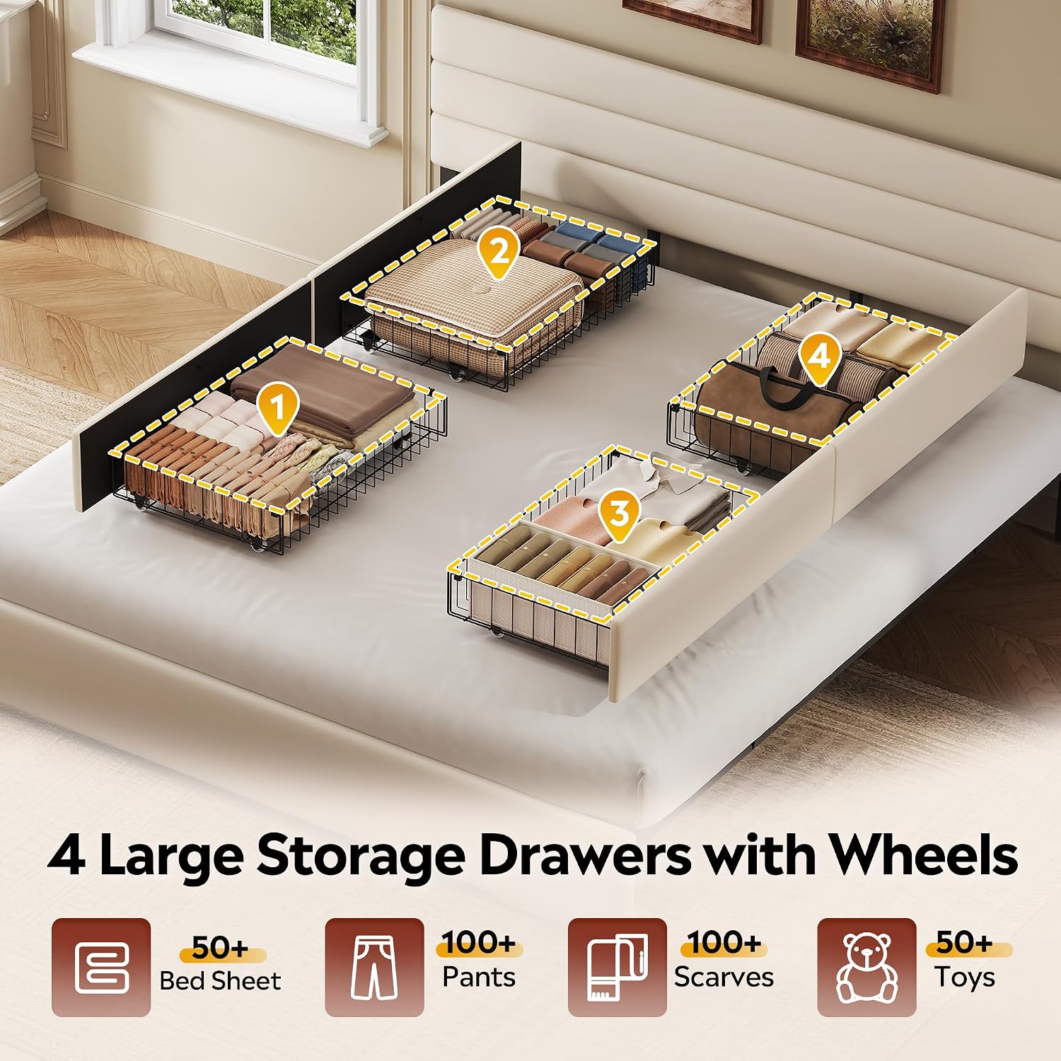 WLIVE King Size Upholstered Bed Frame with 4 Storage Drawers and Headboard, Velvet Platform Bedframe, Sturdy Metal & Wooden Slats Support, No Box Spring Needed, Easy Assembly, Beige