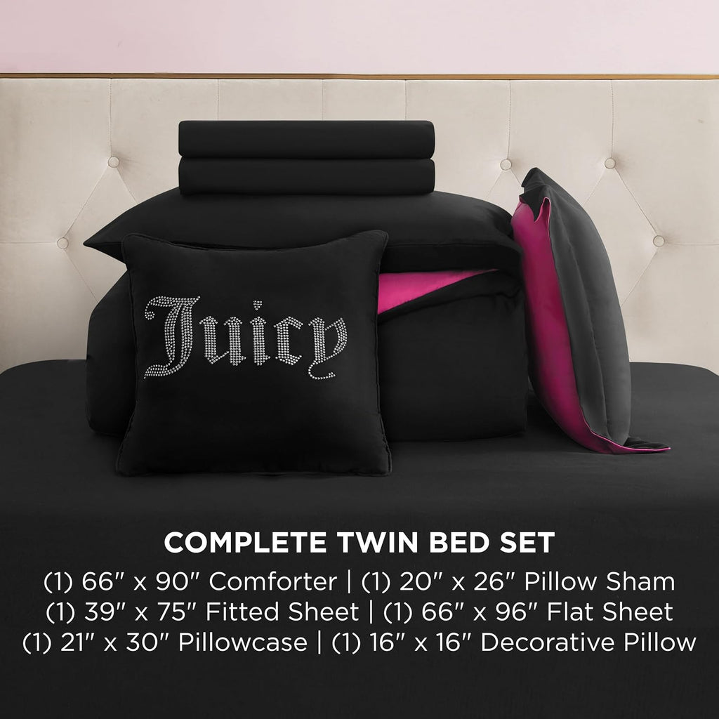 Juicy Couture Alexis Reversible Comforter Set, Twin Bed in a Bag – Black/Hot Pink, 6-Piece Bedding Collection