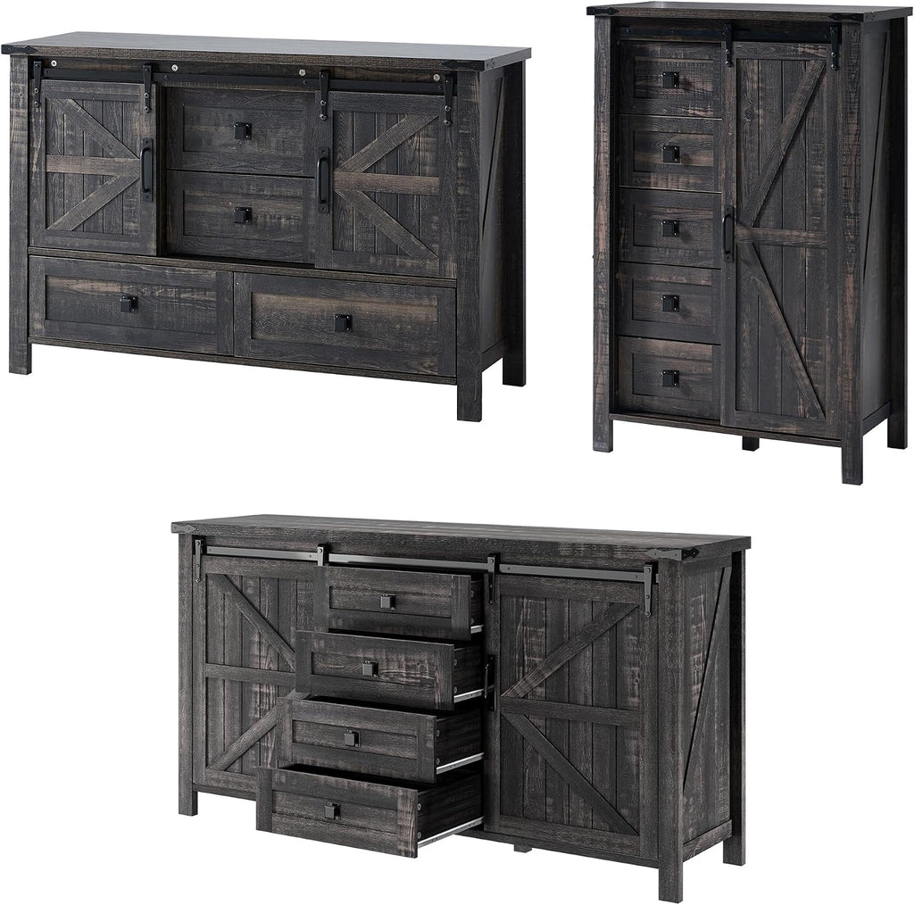 LUXOAK 3 Pieces Bedroom Set - Includes 60' Farmhouse Dresser, 48' Chest of Drawers with Sliding Barn Doors, 48' Tall Storage Cabinet with 5 Drawers, Oak Black