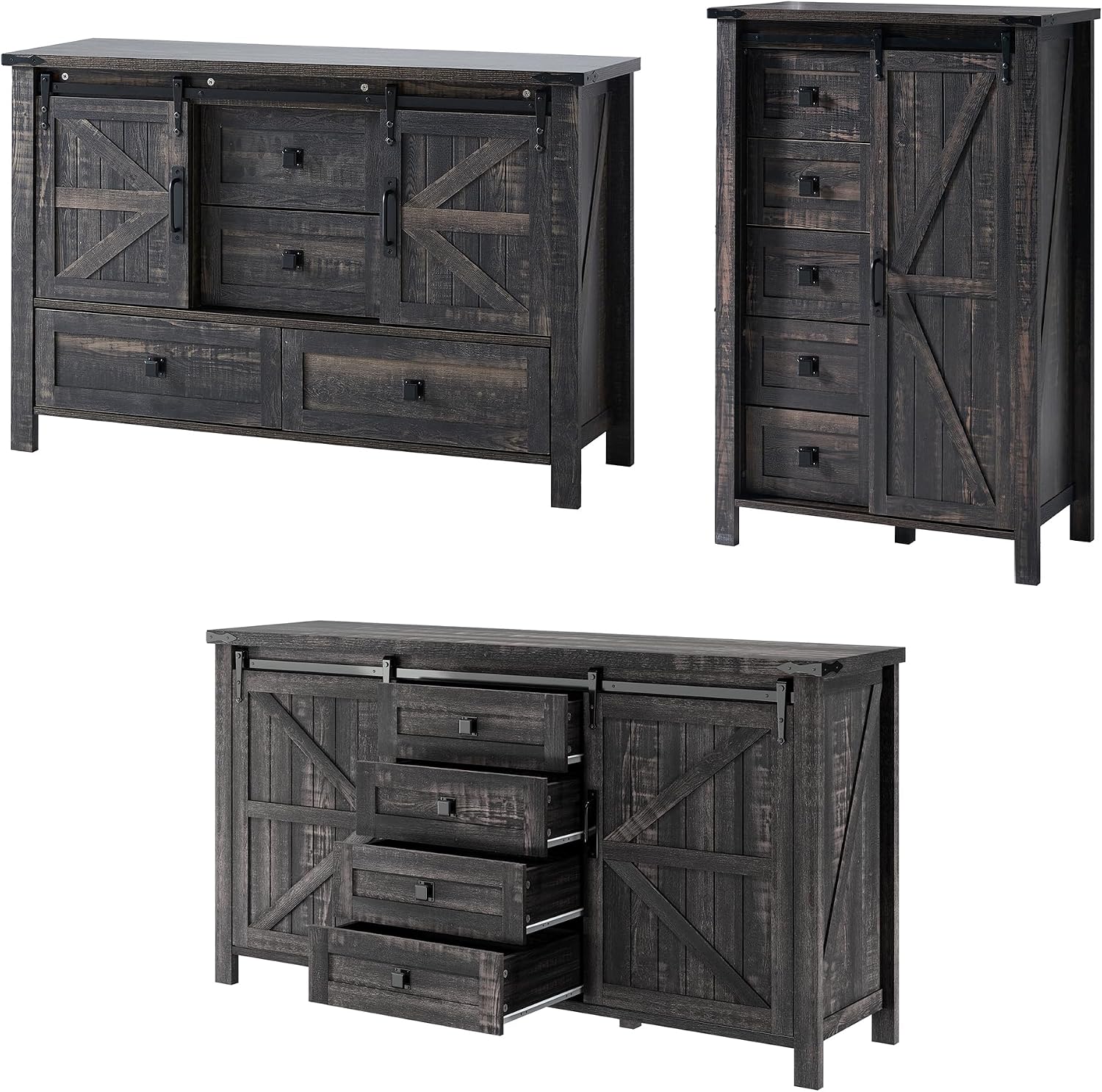 LUXOAK 3 Pieces Bedroom Set - Includes 60' Farmhouse Dresser, 48' Chest of Drawers with Sliding Barn Doors, 48' Tall Storage Cabinet with 5 Drawers, Oak Black