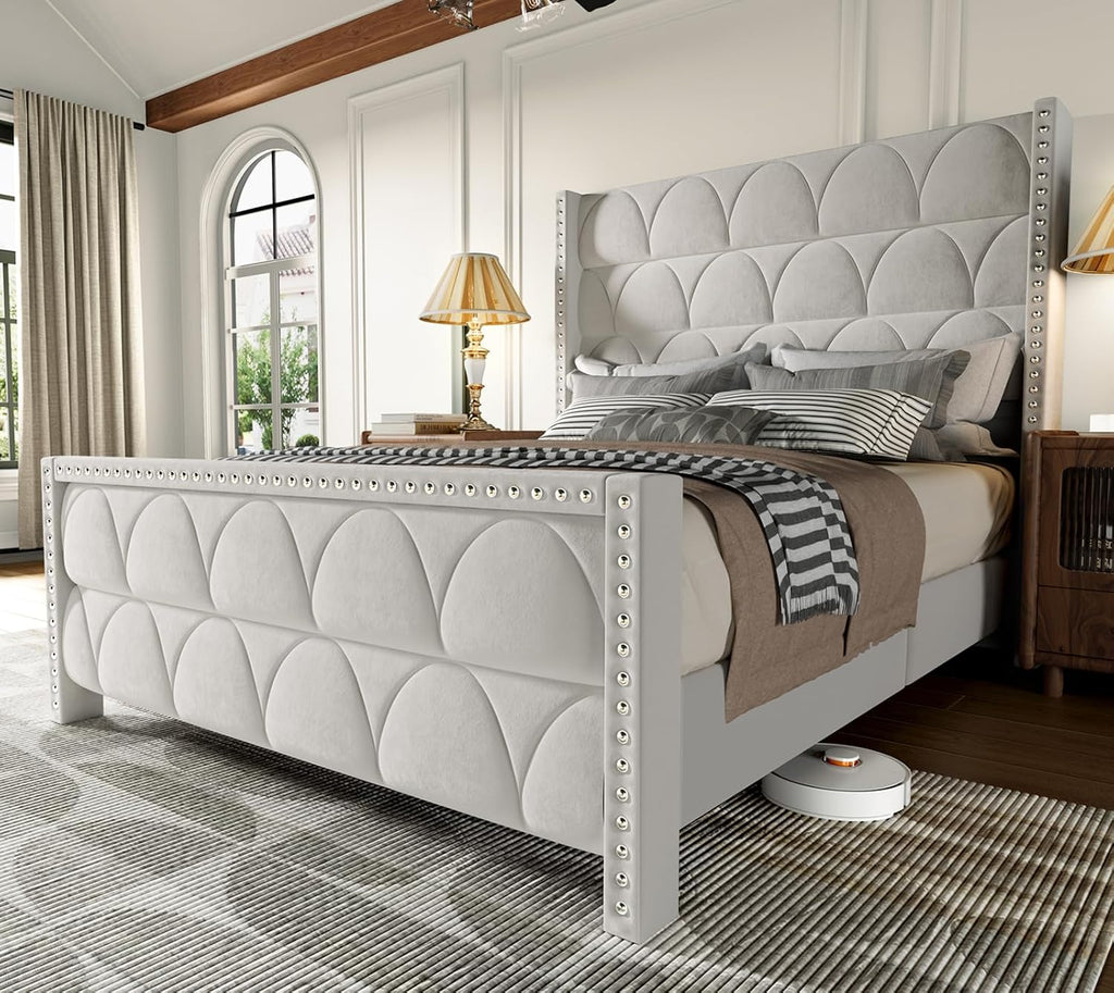 OHOHOLIVE Queen Size Bed Frame with 56' Headboard - 1000LBS Capacity Support, Velvet Upholstered Wingback Platform Bed Frame, Noise Free, Sturdy Wooden Slat Support