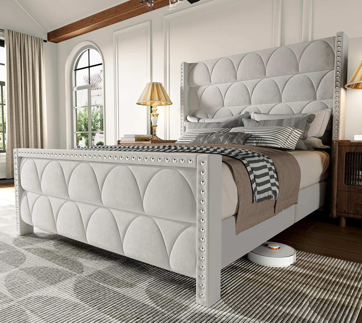 OHOHOLIVE Queen Size Bed Frame with 56' Headboard - 1000LBS Capacity Support, Velvet Upholstered Wingback Platform Bed Frame, Noise Free, Sturdy Wooden Slat Support