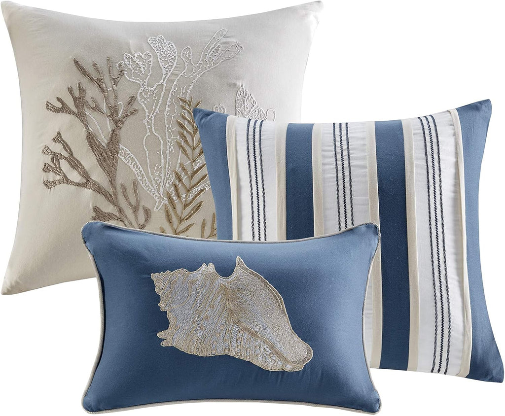Madison Park 100% Cotton Comforter Set - Coastal Coral, Starfish Design All Season Down Alternative Cozy Bedding with Matching Shams, Decorative Pillow, Queen(90'x90'), Blue, Cape Cod Navy 7pcs