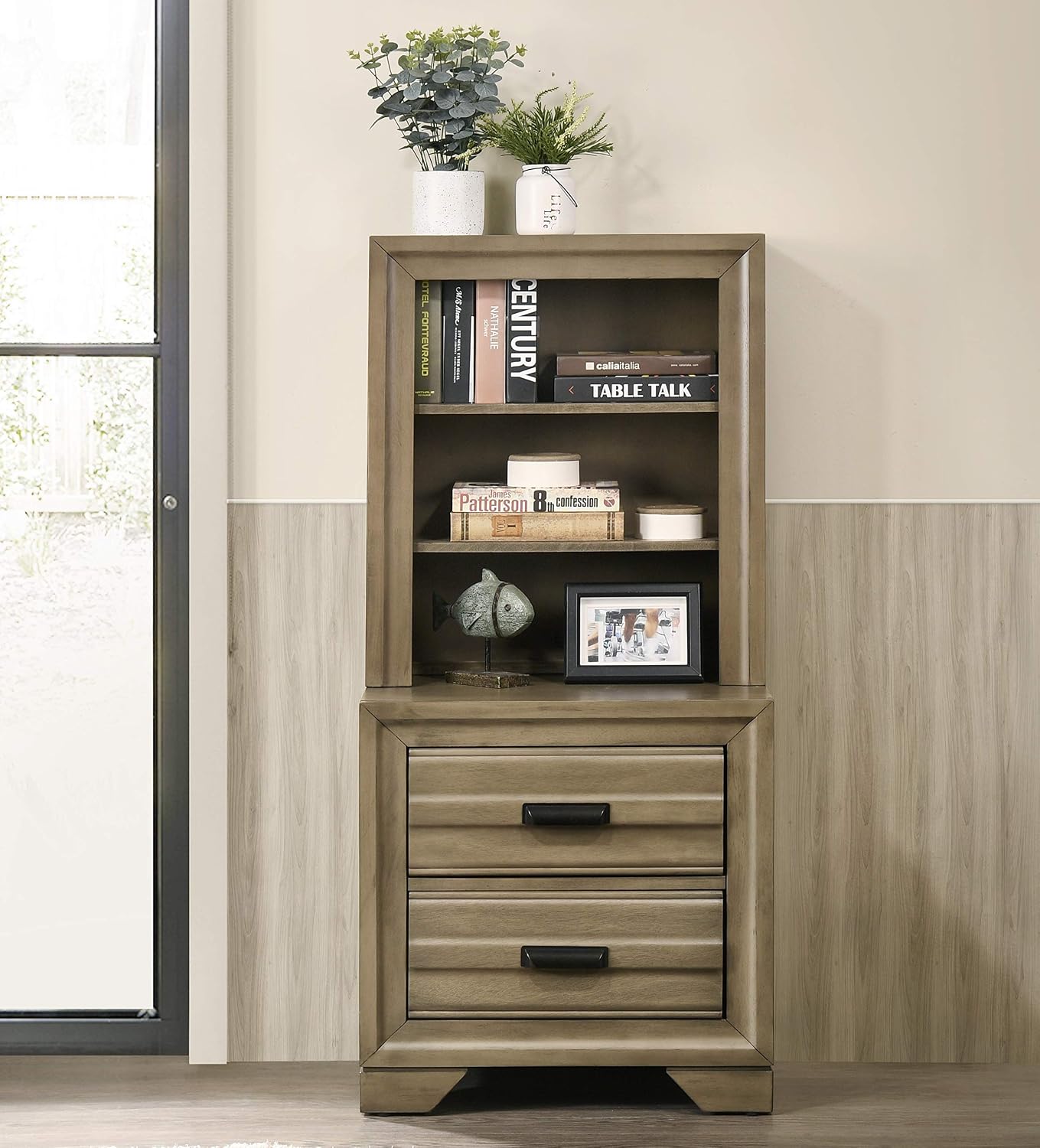 Roundhill Furniture Loiret Storage Platform King WallBed with Dresser and Mirror, Chest, Light Gray