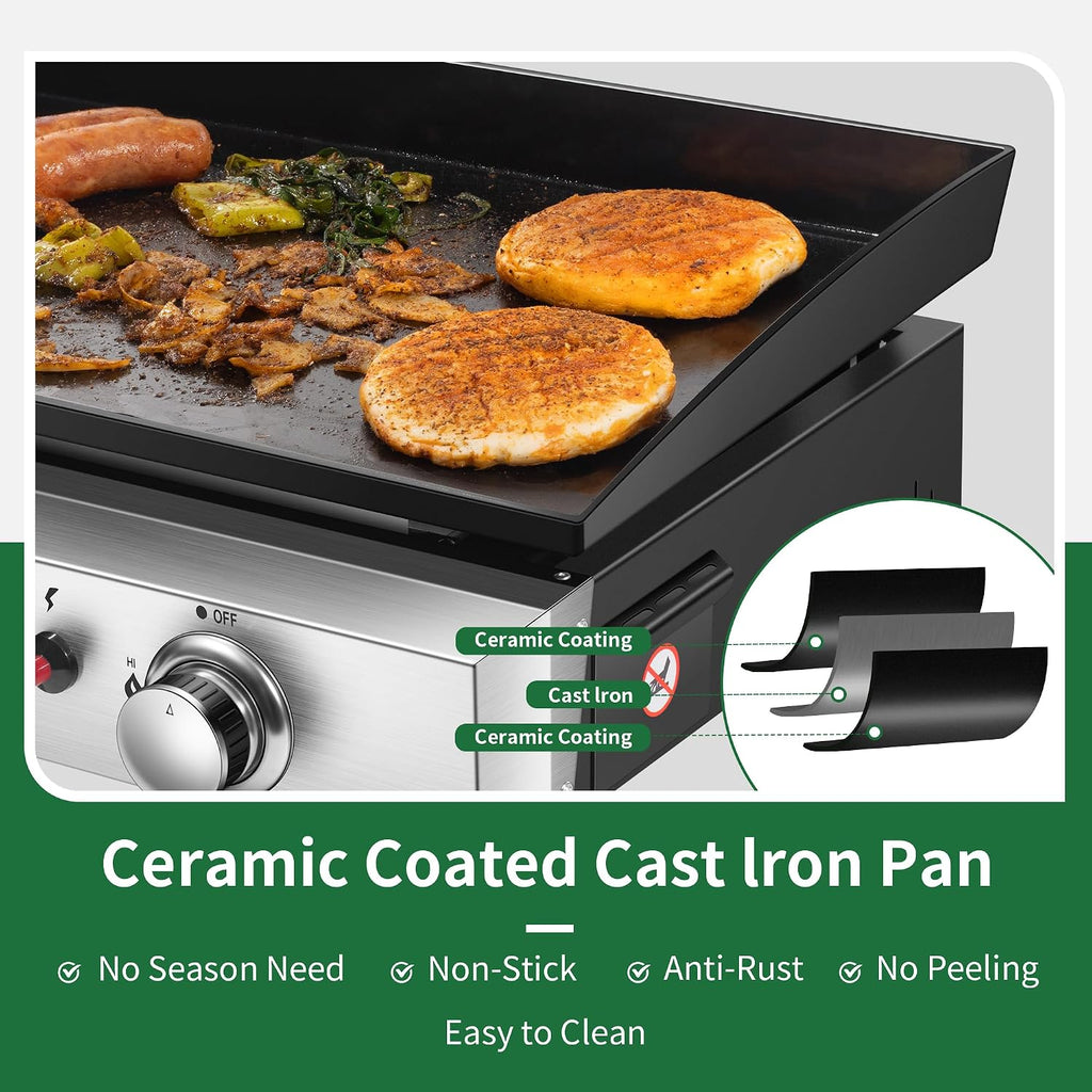 Gas Griddle Flat Top 24 Inch, 3 Burner, 30000 BTU, Stainless Steel Tabletop Grill with Lid and Iron Pan, Portable Griddle Propane for Kitchen, Camping, Outdoor, Tailgating, Barbecue