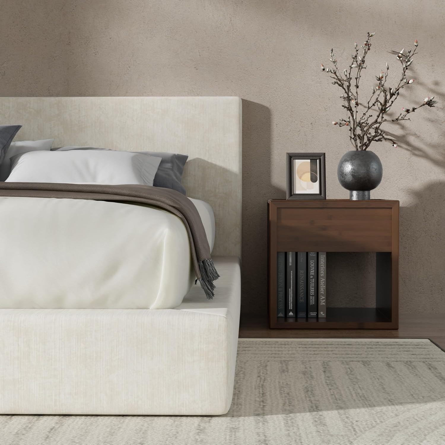 RECCI AirFrame Full Size Bed Frame with Headboard, Cloud Upholstered Platform Bed Frame, 5 Inch Foam Cushioned, No Box Spring, Easy Assembly(Beige Chenille)