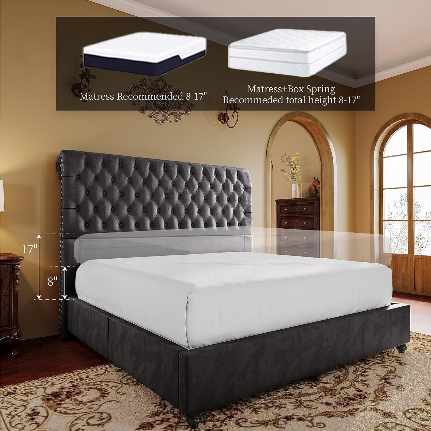 PaPaJet King Bed Frame Upholstered Platform Bed Frame with 53'' Tall Sleigh Headboard, Button Tufted, No Box Spring Needed, Easy Assembly, Gray