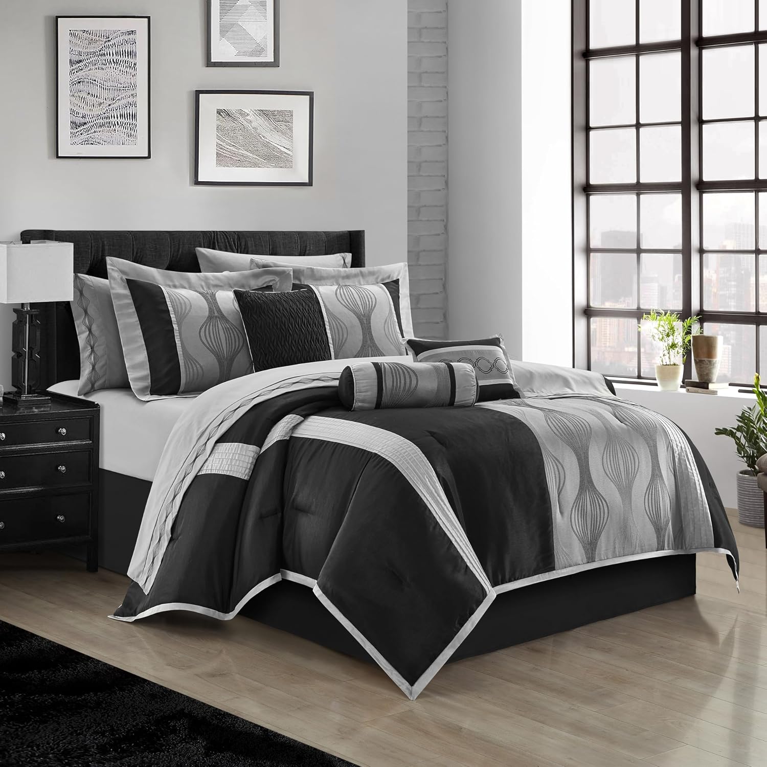 Stratford Park Elegant Black and Silver Comforter Set King Size, Striped,15 Piece Room-in-A-Bag, Jacquard Bedding Set, All Season, Matching Decorative Pillows, Pillow Sham, Curtains