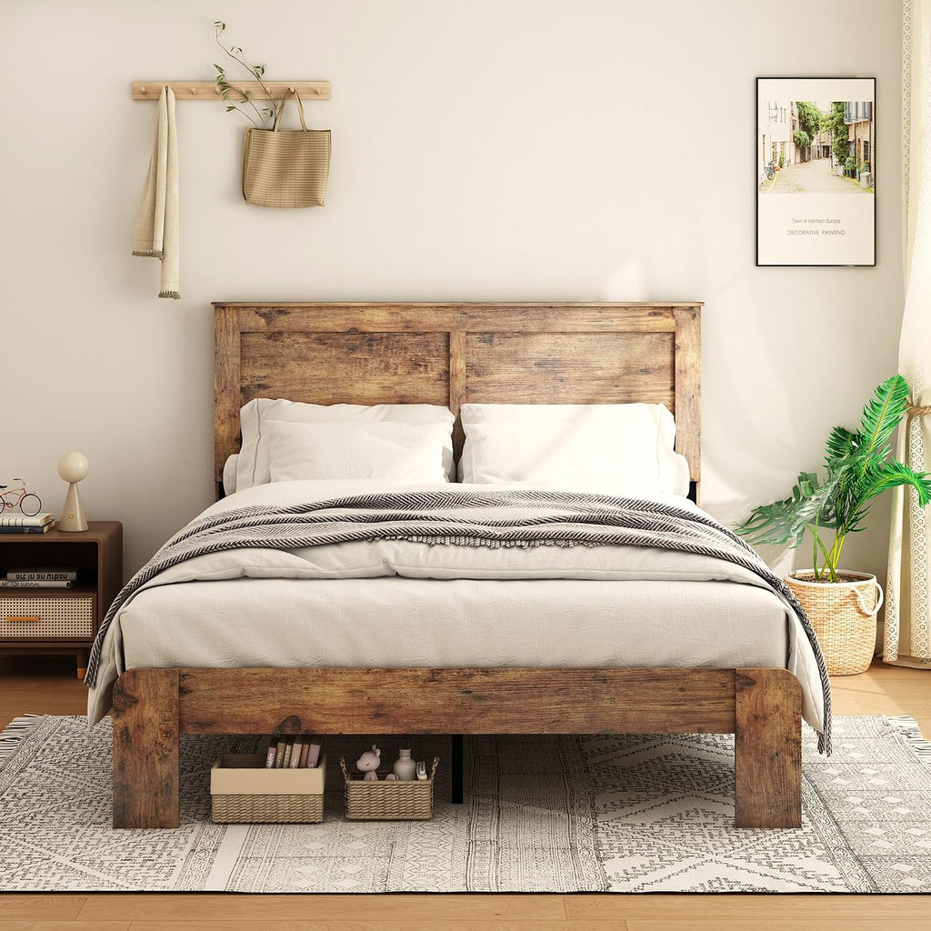 NNOOTK Full Size Bed Frame, Rustic Vintage Platform Bed Frame with Wood Headboard and Footboard, 12 Wood Slats Support, No Box Spring Needed (Dark Brown, Full)