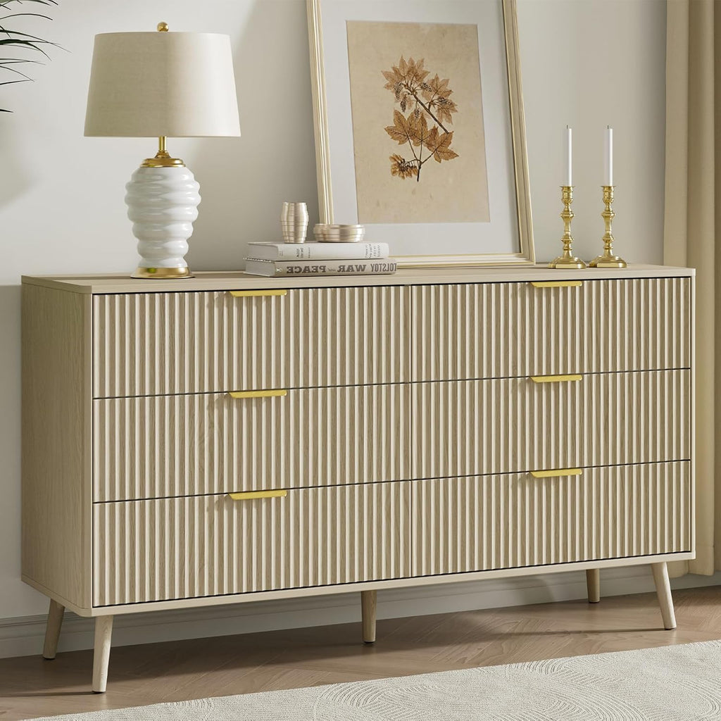 LYNSOM Fluted Dresser and Nightstand Sets 4 Piece, 2-Drawer Nightstands and 5/6 Drawers Dresser, Wood Bedroom Furniture Set for Home, Bedroom, Beige