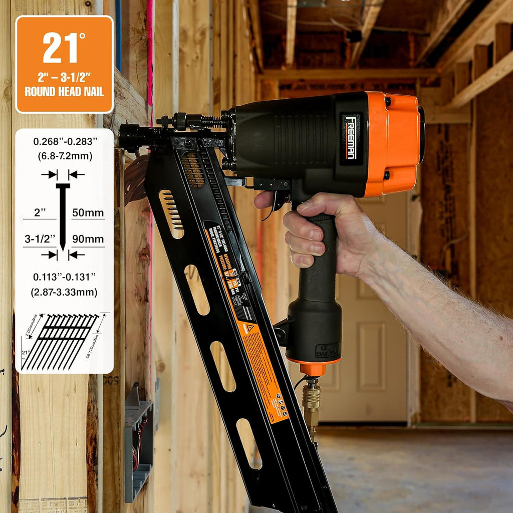 Freeman Pneumatic 21 Degree Framing Nailer with Nails | 2' – 3-1/2' Full Round Head Nails | Anti-Dry-Fire, Dual Trigger, Depth Adjust, and Comfort Grip | PFR2190NQ