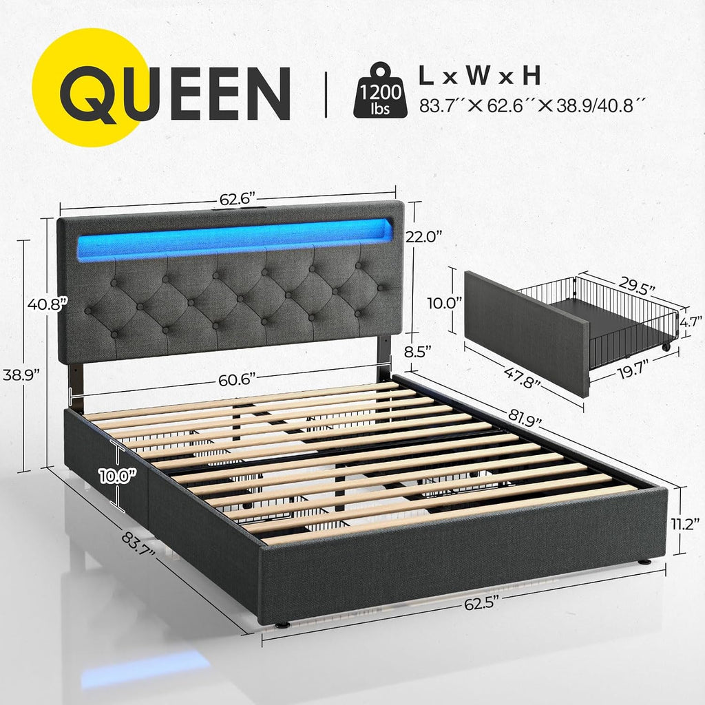 Rolanstar Queen Bed Frame with 4 Storage Drawers and Charging Station, Queen Bed with Led Lights, 2 USB & 1 Type C, Adjustable Headboard 38.9/40.9 Inches, No Box Spring Needed, Grey