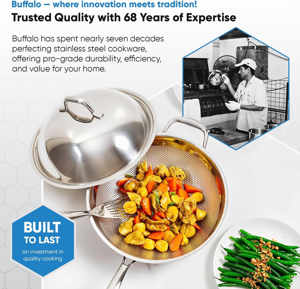 BUFFALO Honeycomb 3ply Stainless Steel Wok Pan 11 inch/28cm with Lid Flat Bottom - Coating-Free Non-stick Stir Fry Pan - Advanced, Scratch-Resistant Design with Stay-Cool Long Handle