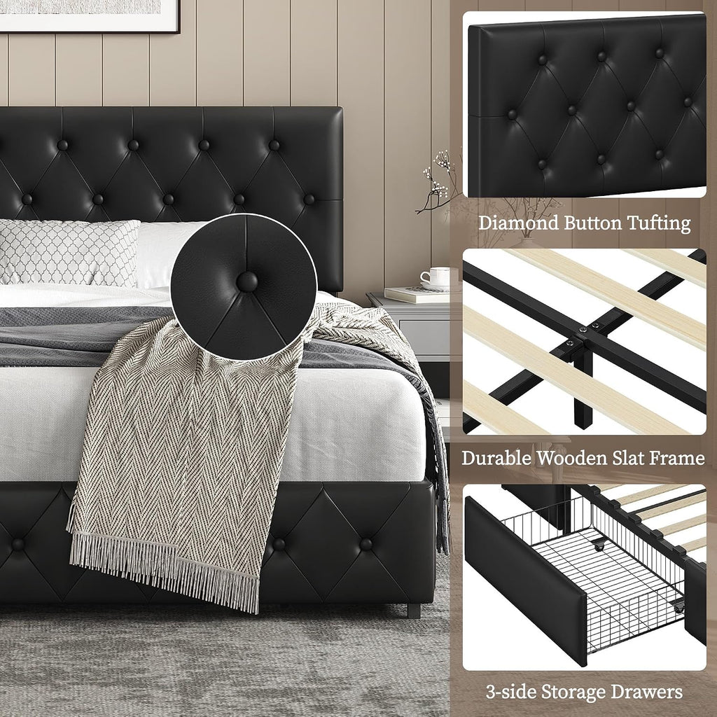 Yaheetech Queen Bed Frame Upholstered Bed Frame with Adjustable Diamond Button-Tufted Headboard/3 Drawers Storage, Queen Platform Bed/Strong Wooden Slats, Black Queen Bed