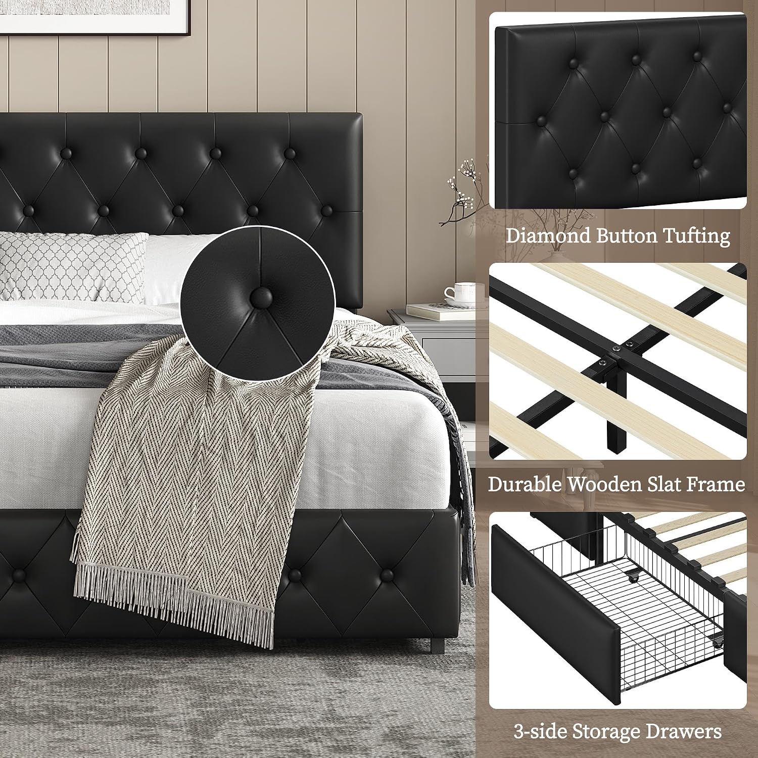 Yaheetech Queen Bed Frame Upholstered Bed Frame with Adjustable Diamond Button-Tufted Headboard/3 Drawers Storage, Queen Platform Bed/Strong Wooden Slats, Black Queen Bed
