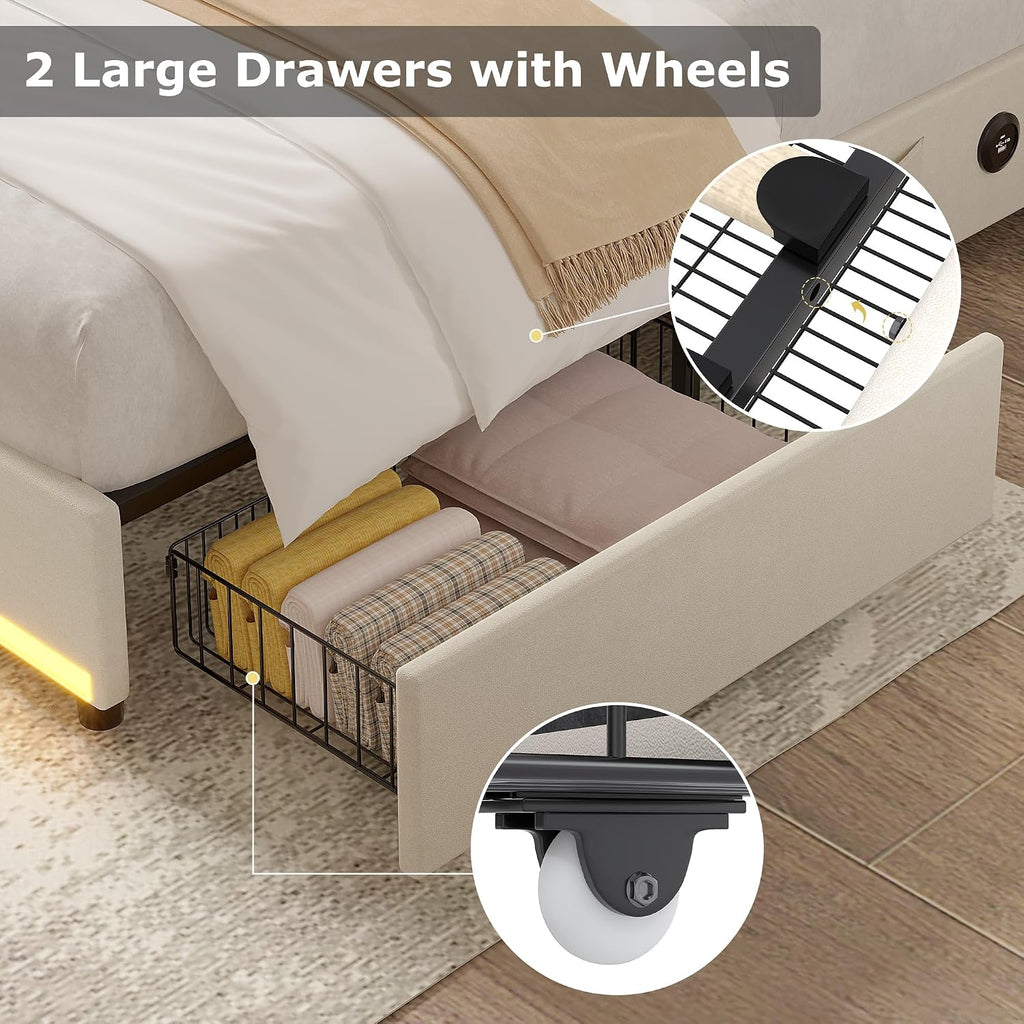 VECELO Queen Size Bed Frame with Storage Drawers, Upholstered Platform Bedframe with Wingback Headboard, No Box Spring Needed, Beige