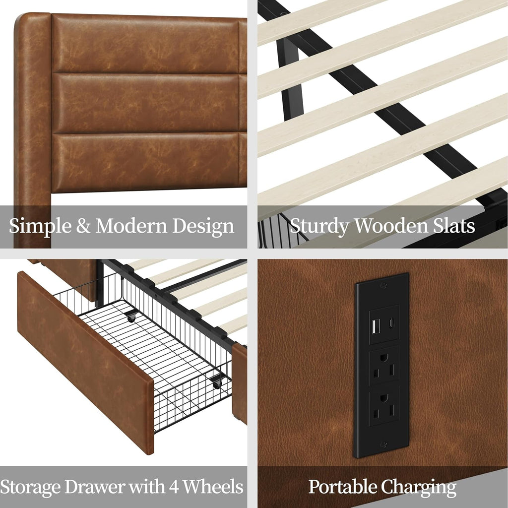Yaheetech Queen Bed Frame with 2 USB Charging Stations/Port for Type A&Type C/3 Storage Drawers,Leather Upholstered Platform Bed with Headboard/Solid Wood Slat Support/No Box Spring Needed/Amber Brown