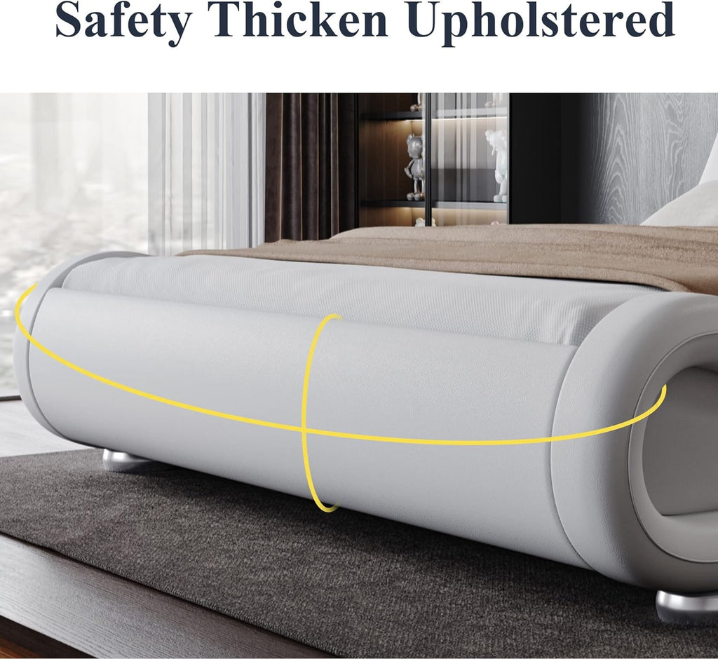 Allewie Queen Size Upholstered Platform Bed Frame with Ergonomic & Adjustable Headboard, Modern Low Profile Sleigh Design - Easy Assembly, No Box Spring Needed, White