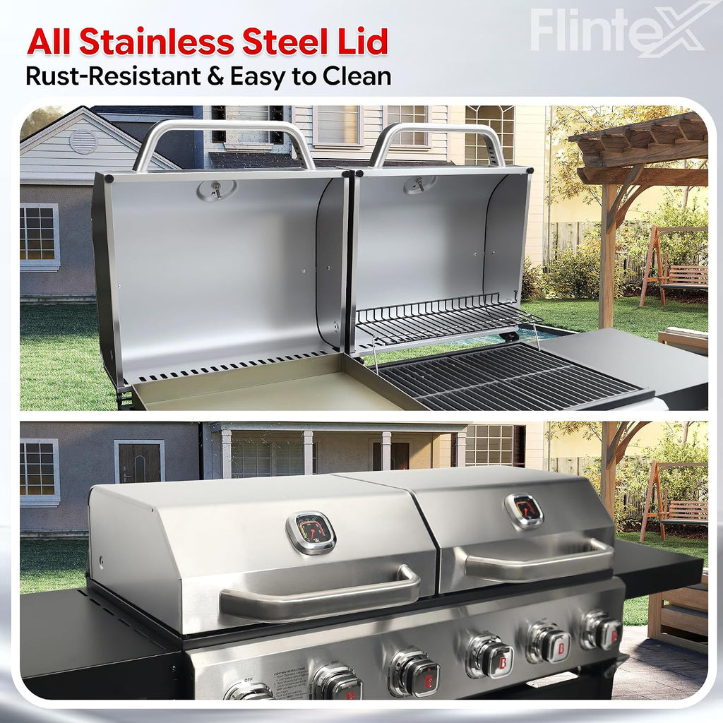 Flintex 6 Burner Propane Gas Grill Griddle Combo with Porcelain-Enameled Cast Iron Grates & Cast Iron Pan, Dual Outdoor BBQ Grill With Flat Top Griddle for Backyard Barbecue, 610 sq.in.