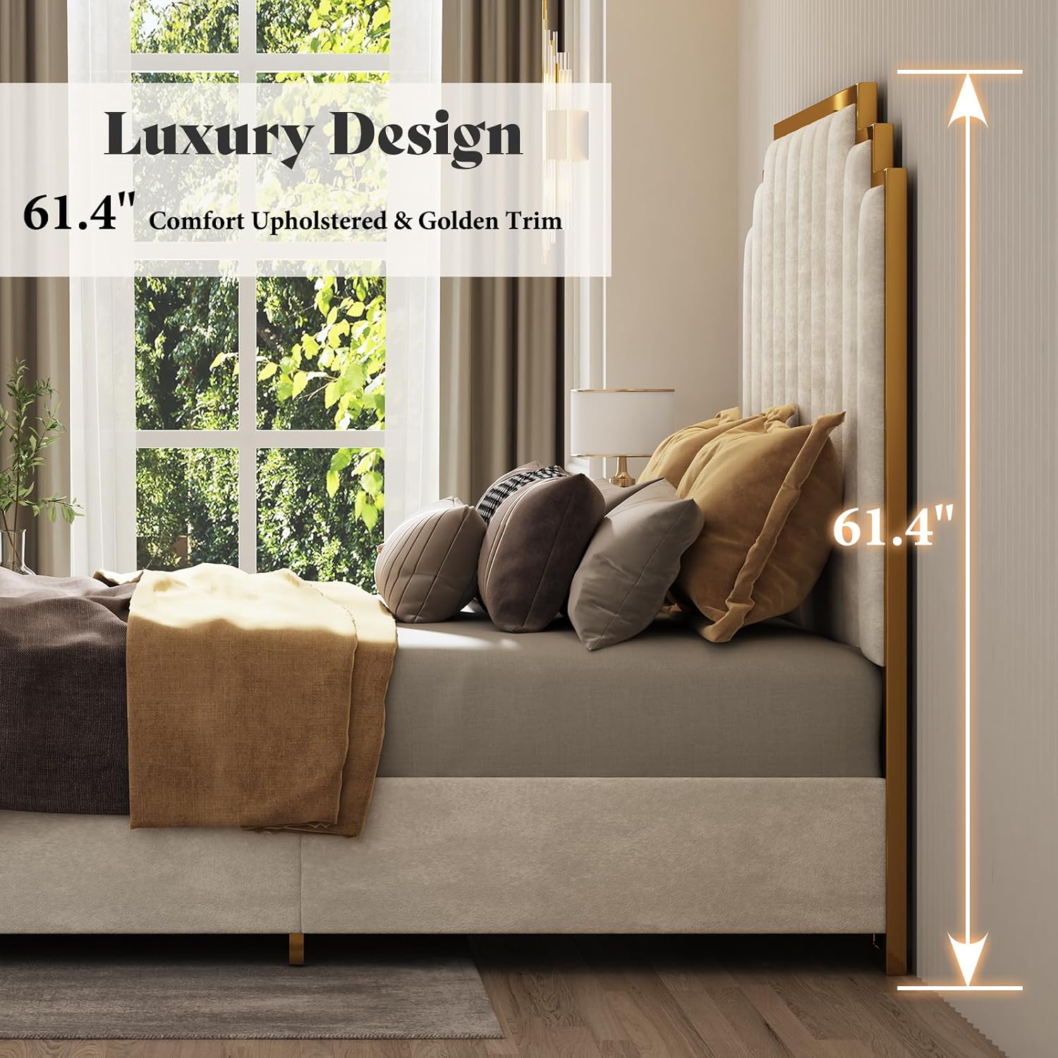 AMERLIFE Queen Size Upholstered Bed, Modern Velvet Bed Frame with 61.4' Tall Gold Trim Headboard, No Box Spring Needed, Cream