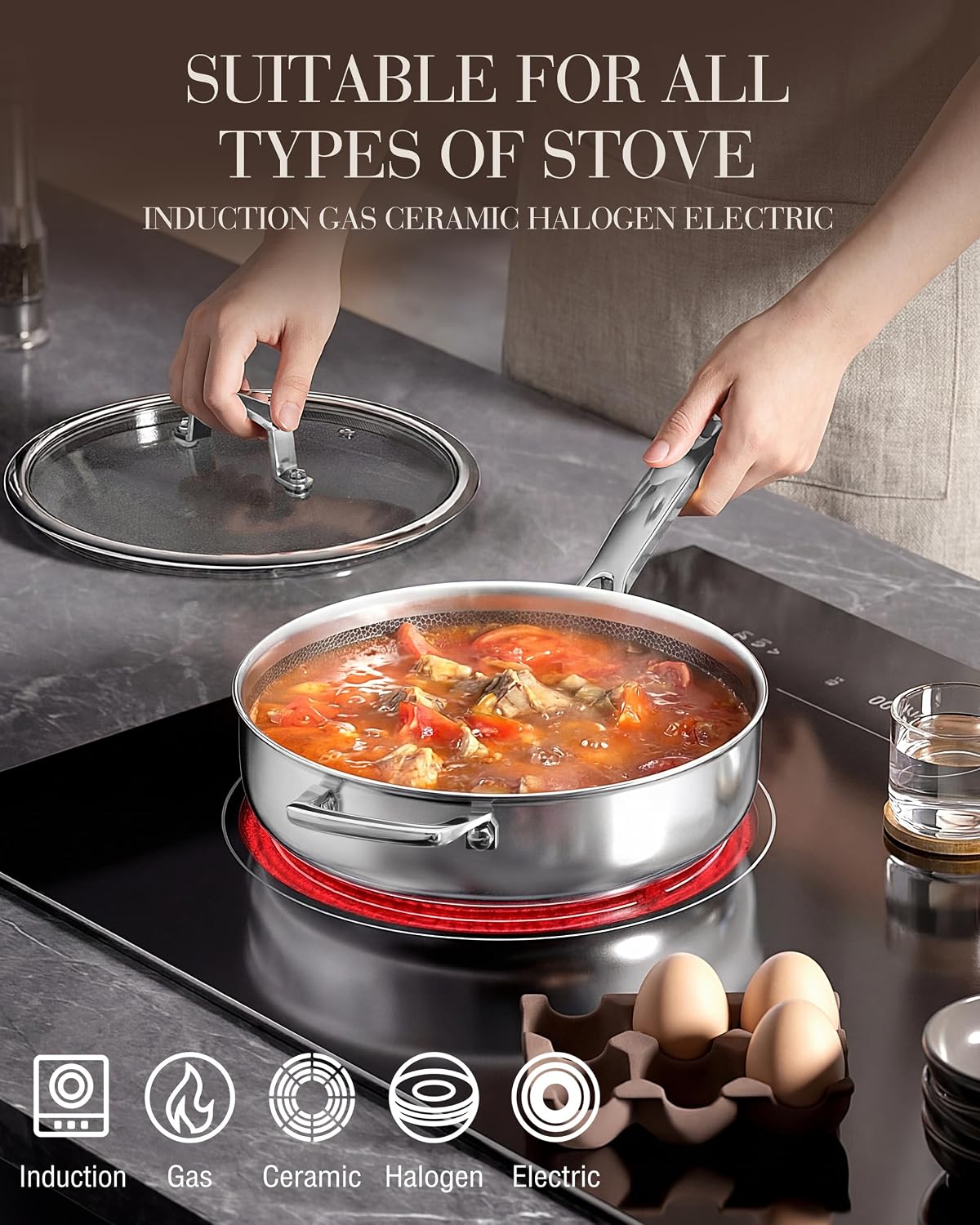 FogDream Titanium Non Stick Frying Pan, 10in Tri-Ply Stainless Steel Deep Saute Pan, All-in-One Cookware Set(Spatulas&Steamer), Stay Cool Handle, Dishwasher & Oven-Safe,Induction Compatible,Silver